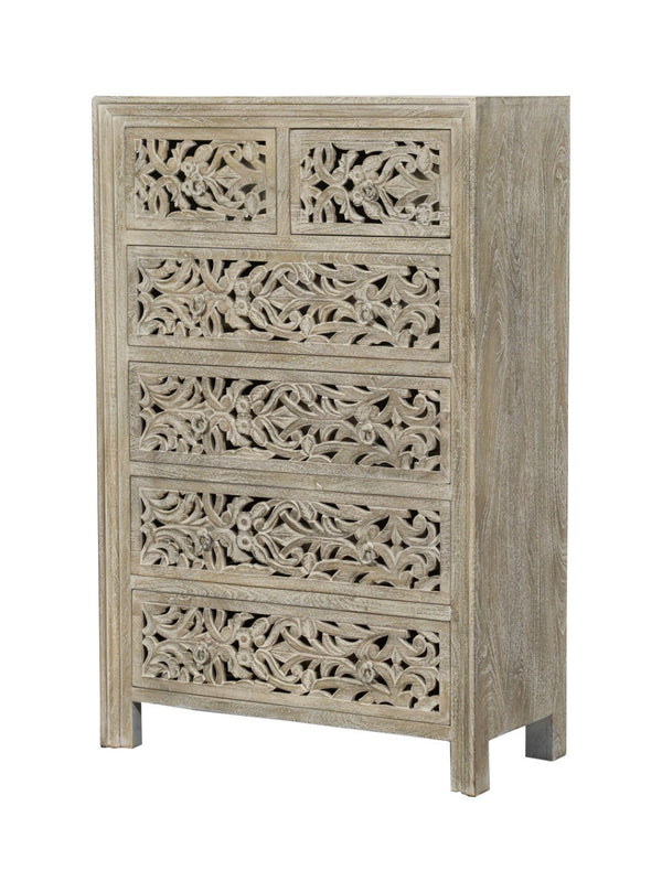 Homeroots 35" Gray Carved Floral Solid Wood Dresser - Stylish 6 Drawer Storage For Elegant Bedroom Decor  Solid Wood 569590