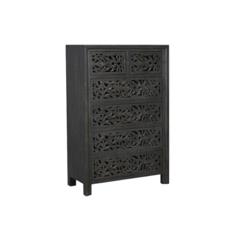 Homeroots 35" Black Carved Floral Solid Wood Dresser - Stylish Six Drawer Storage With Rustic Charm & Durability  Solid Wood 569591