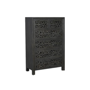 Homeroots 35" Black Carved Floral Solid Wood Dresser - Stylish Six Drawer Storage With Rustic Charm & Durability  Solid Wood 569591