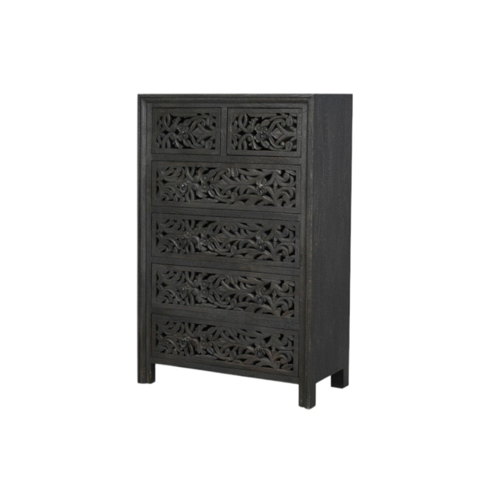 HomeRoots 35" Black Carved Floral Solid Wood Dresser – Rustic Six-Drawer Storage with Artisanal Charm & Style 569591