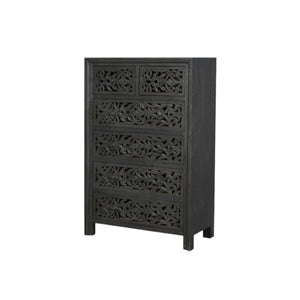 HomeRoots 35" Black Carved Floral Solid Wood Dresser – Rustic Six-Drawer Storage with Artisanal Charm & Style 569591