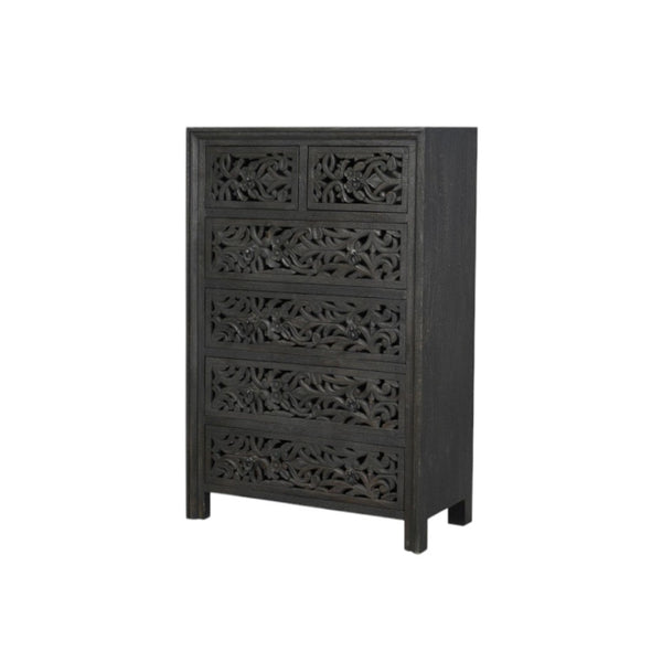 HomeRoots 35" Black Carved Floral Solid Wood Dresser – Rustic Six-Drawer Storage with Artisanal Charm & Style 569591