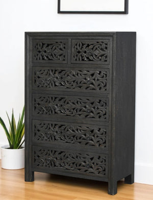Homeroots 35" Black Carved Floral Solid Wood Dresser - Stylish Six Drawer Storage With Rustic Charm & Durability  Solid Wood 569591