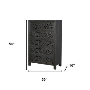Homeroots 35" Black Carved Floral Solid Wood Dresser - Stylish Six Drawer Storage With Rustic Charm & Durability  Solid Wood 569591