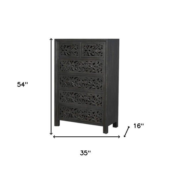 Homeroots 35" Black Carved Floral Solid Wood Dresser - Stylish Six Drawer Storage With Rustic Charm & Durability  Solid Wood 569591