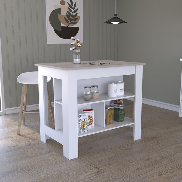 English Elm Cala Kitchen island with wide prep top, stool-friendly legroom and three open shelves for storage and organization Multicolor 44.5 L x 31.5 W x 4.7 H B20092013