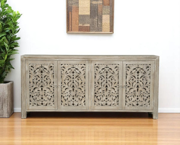 HomeRoots 78" Gray Distressed Solid Wood Sideboard with Hand-Carved Floral Details for Versatile Storage Solutions 569594
