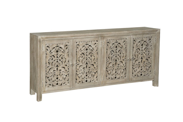 HomeRoots 78" Gray Distressed Solid Wood Sideboard with Hand-Carved Floral Details for Versatile Storage Solutions 569594