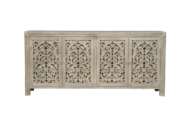 HomeRoots 78" Gray Distressed Solid Wood Sideboard with Hand-Carved Floral Details for Versatile Storage Solutions 569594