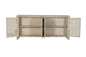 HomeRoots 78" Gray Distressed Solid Wood Sideboard with Hand-Carved Floral Details for Versatile Storage Solutions 569594