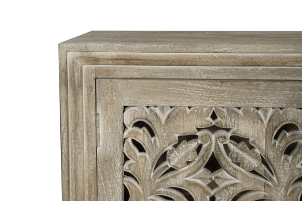 HomeRoots 78" Gray Distressed Solid Wood Sideboard with Hand-Carved Floral Details for Versatile Storage Solutions 569594