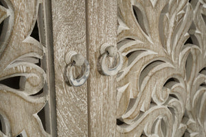 HomeRoots 78" Gray Distressed Solid Wood Sideboard with Hand-Carved Floral Details for Versatile Storage Solutions 569594