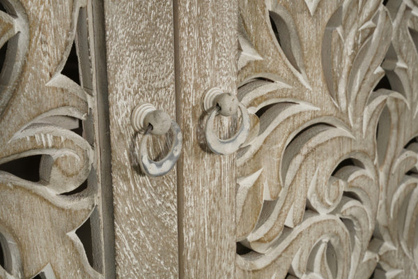 HomeRoots 78" Gray Distressed Solid Wood Sideboard with Hand-Carved Floral Details for Versatile Storage Solutions 569594