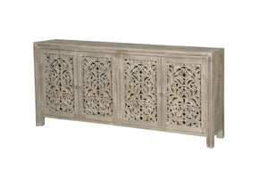 HomeRoots 78" Gray Distressed Solid Wood Sideboard with Hand-Carved Floral Details for Versatile Storage Solutions 569594