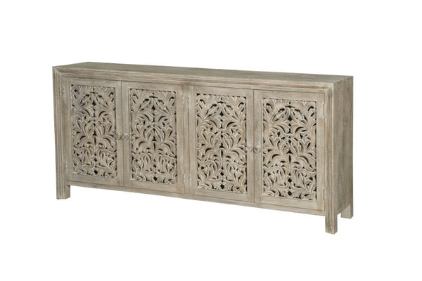 HomeRoots 78" Gray Distressed Solid Wood Sideboard with Hand-Carved Floral Details for Versatile Storage Solutions 569594