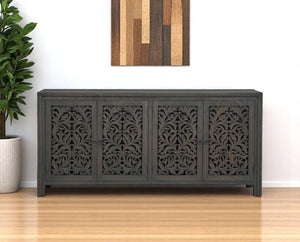 HomeRoots 78" Black Distressed Solid Wood Sideboard with Floral Carvings - Stylish Storage for Any Room 569595