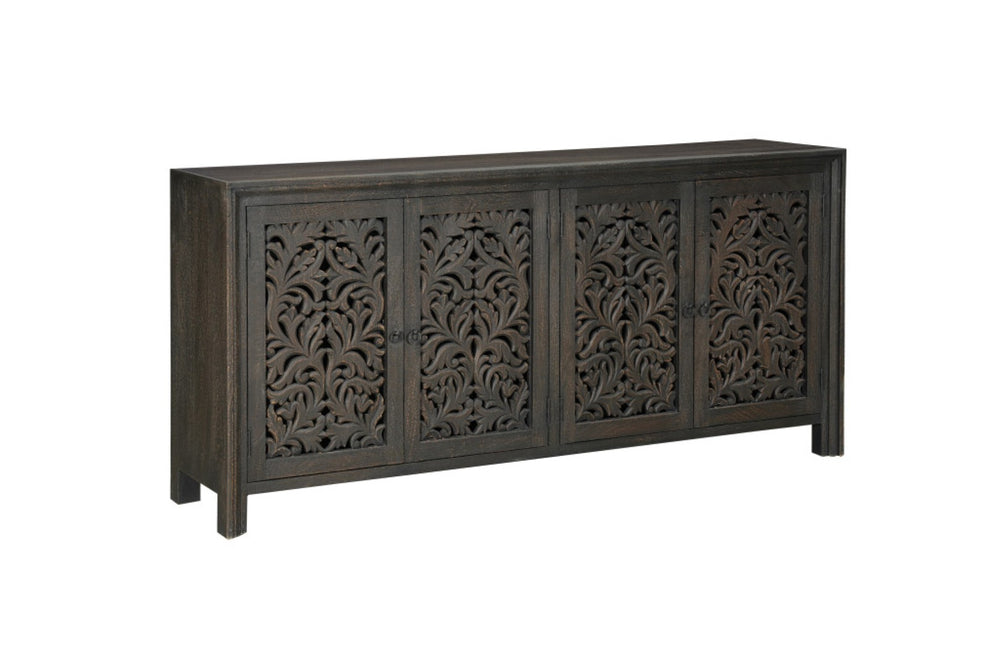 HomeRoots 78" Black Distressed Solid Wood Sideboard with Floral Carvings - Stylish Storage for Any Room 569595