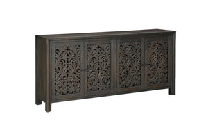 HomeRoots 78" Black Distressed Solid Wood Sideboard with Floral Carvings - Stylish Storage for Any Room 569595
