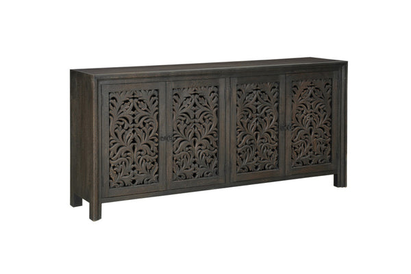 HomeRoots 78" Black Distressed Solid Wood Sideboard with Floral Carvings - Stylish Storage for Any Room 569595