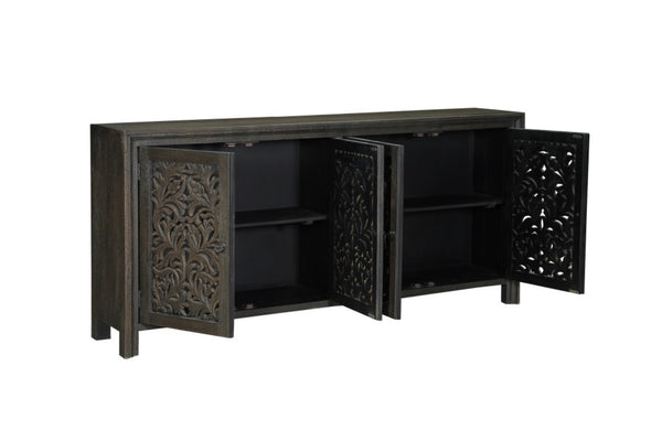 HomeRoots 78" Black Distressed Solid Wood Sideboard with Floral Carvings - Stylish Storage for Any Room 569595