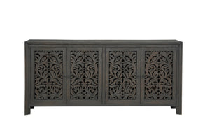 HomeRoots 78" Black Distressed Solid Wood Sideboard with Floral Carvings - Stylish Storage for Any Room 569595