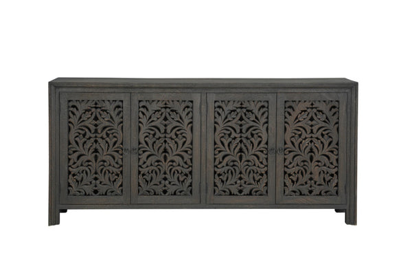 HomeRoots 78" Black Distressed Solid Wood Sideboard with Floral Carvings - Stylish Storage for Any Room 569595