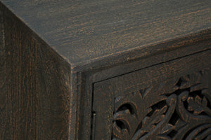 HomeRoots 78" Black Distressed Solid Wood Sideboard with Floral Carvings - Stylish Storage for Any Room 569595