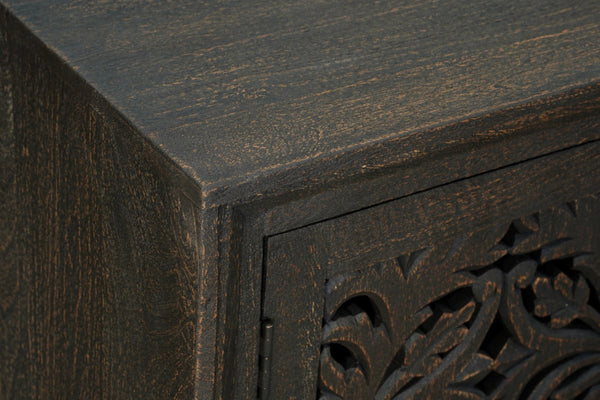 HomeRoots 78" Black Distressed Solid Wood Sideboard with Floral Carvings - Stylish Storage for Any Room 569595