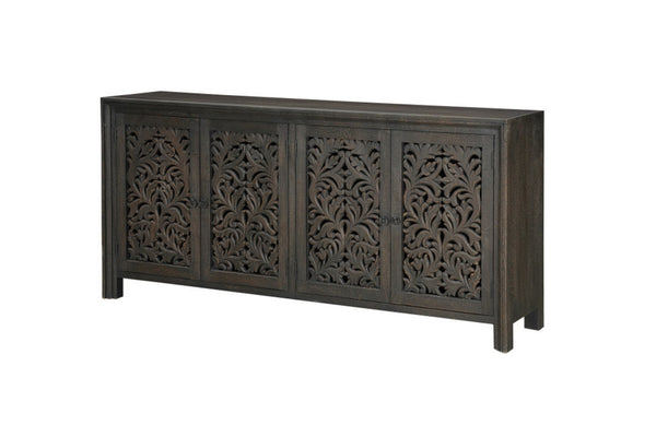 HomeRoots 78" Black Distressed Solid Wood Sideboard with Floral Carvings - Stylish Storage for Any Room 569595