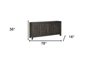 HomeRoots 78" Black Distressed Solid Wood Sideboard with Floral Carvings - Stylish Storage for Any Room 569595