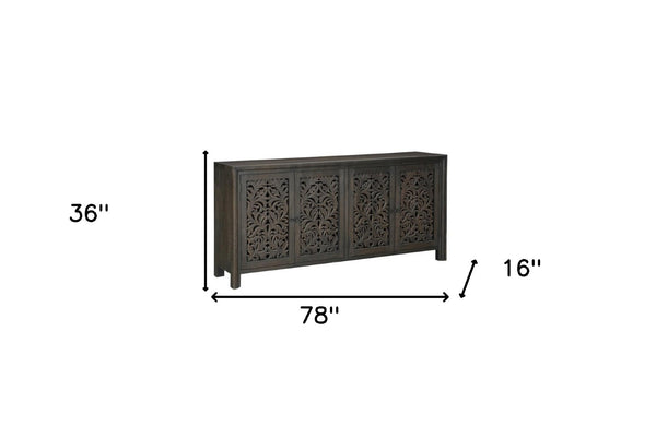 HomeRoots 78" Black Distressed Solid Wood Sideboard with Floral Carvings - Stylish Storage for Any Room 569595