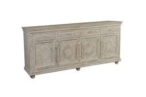 HomeRoots 102" Gray Distressed Solid Wood Sideboard with Carved Floral Details - Chic Storage Solution for Any Space 569596