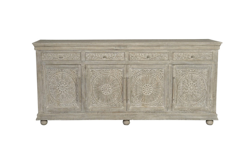 HomeRoots 102" Gray Distressed Solid Wood Sideboard with Carved Floral Details - Chic Storage Solution for Any Space 569596