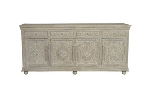 HomeRoots 102" Gray Distressed Solid Wood Sideboard with Carved Floral Details - Chic Storage Solution for Any Space 569596