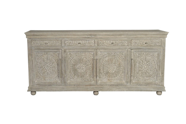 HomeRoots 102" Gray Distressed Solid Wood Sideboard with Carved Floral Details - Chic Storage Solution for Any Space 569596
