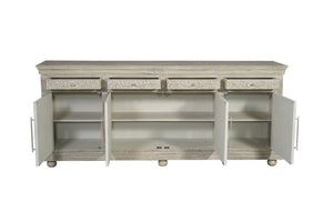 HomeRoots 102" Gray Distressed Solid Wood Sideboard with Carved Floral Details - Chic Storage Solution for Any Space 569596