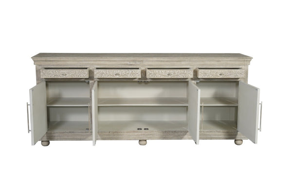 HomeRoots 102" Gray Distressed Solid Wood Sideboard with Carved Floral Details - Chic Storage Solution for Any Space 569596