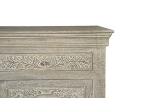 HomeRoots 102" Gray Distressed Solid Wood Sideboard with Carved Floral Details - Chic Storage Solution for Any Space 569596