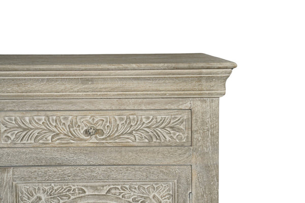 HomeRoots 102" Gray Distressed Solid Wood Sideboard with Carved Floral Details - Chic Storage Solution for Any Space 569596