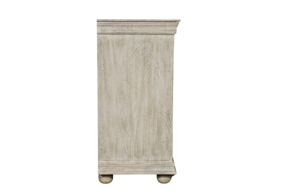 HomeRoots 102" Gray Distressed Solid Wood Sideboard with Carved Floral Details - Chic Storage Solution for Any Space 569596
