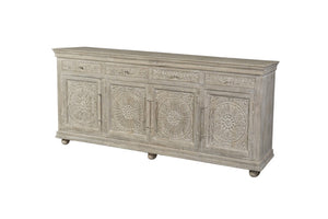 HomeRoots 102" Gray Distressed Solid Wood Sideboard with Carved Floral Details - Chic Storage Solution for Any Space 569596