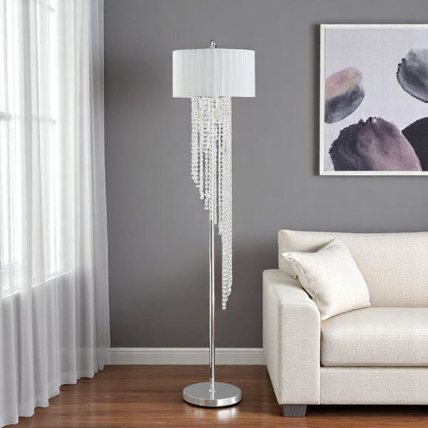 HomeRoots 66" Crystal and Metal Floor Lamp – Elegant White Linen Shade for Glamorous Home Lighting Décor 569598