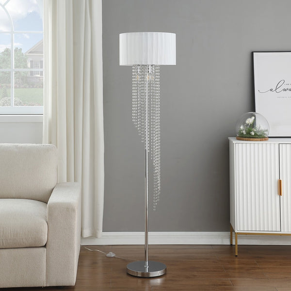 HomeRoots 66" Crystal and Metal Floor Lamp – Elegant White Linen Shade for Glamorous Home Lighting Décor 569598