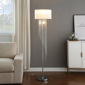 HomeRoots 66" Crystal and Metal Floor Lamp – Elegant White Linen Shade for Glamorous Home Lighting Décor 569598