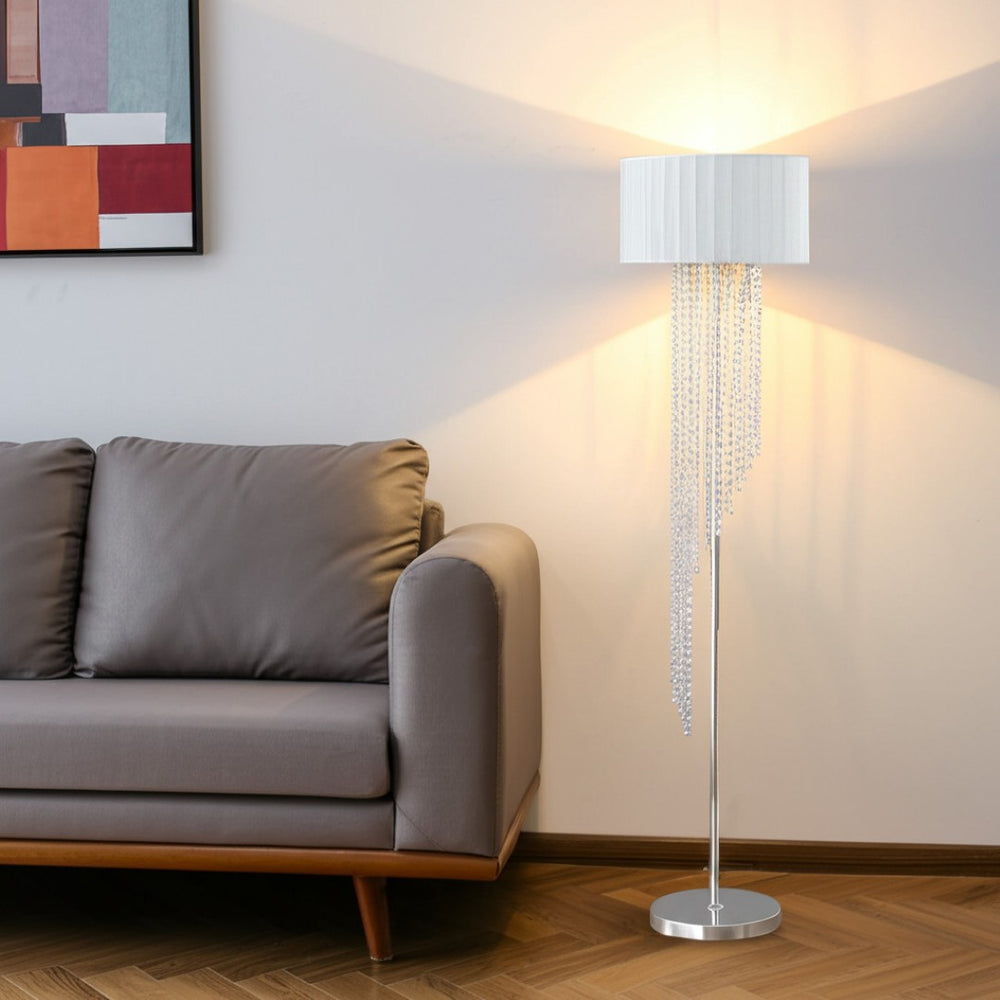 HomeRoots 66" Crystal and Metal Floor Lamp – Elegant White Linen Shade for Glamorous Home Lighting Décor 569598
