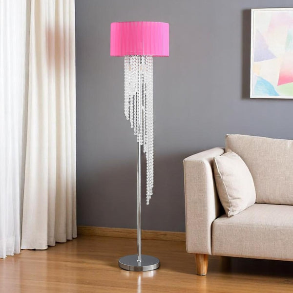 HomeRoots 53" Glamorous Clear Crystal Floor Lamp with Hot Pink Linen Shade - Elegant Lighting for Modern Spaces 569599
