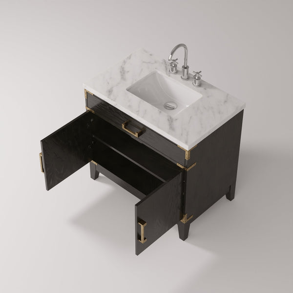 English Elm Black Oak Single-Sink Vanity 36" W With Carrara Marble Top & Chrome Faucet Set For Elegant Storage B2731P260918