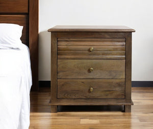 Homeroots 28" Distressed Brown Three Drawer Solid Wood Nightstand   569604