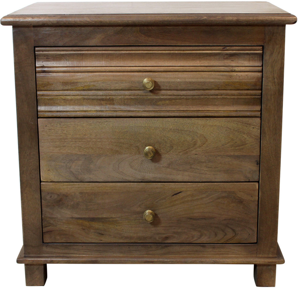 Homeroots 28" Distressed Brown Three Drawer Solid Wood Nightstand   569604