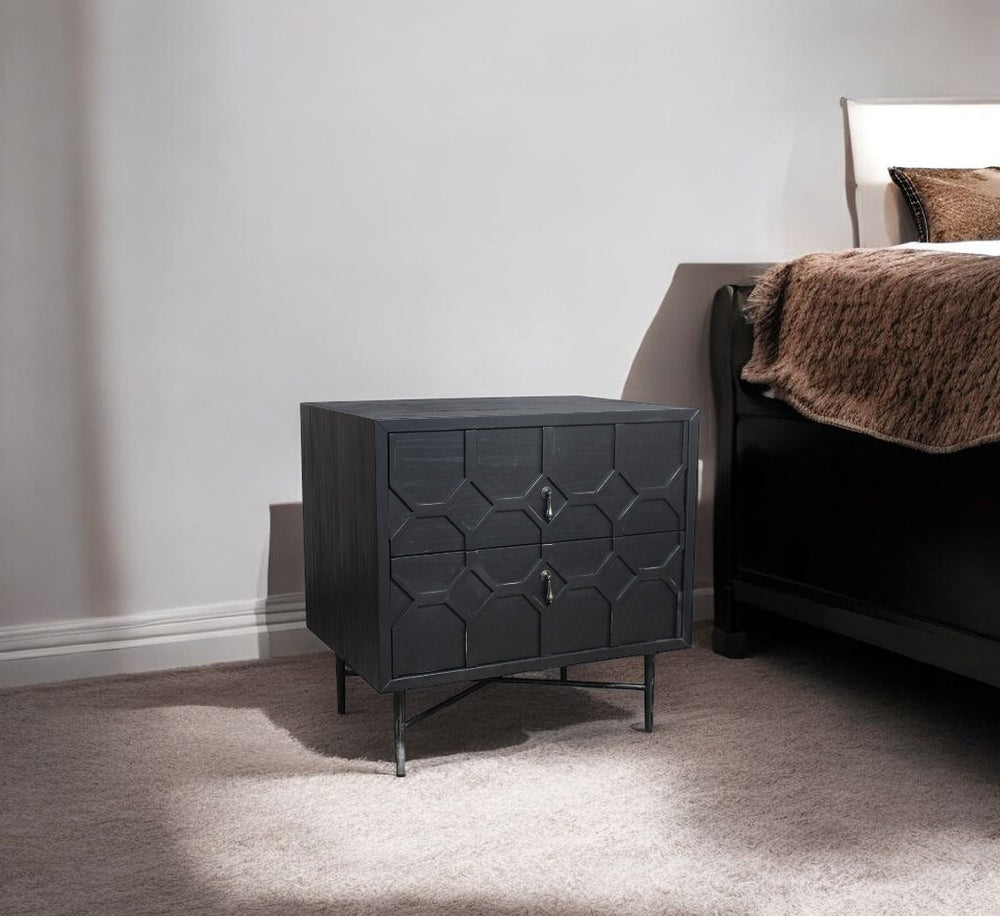 Homeroots 28" Distressed Black Two Drawer Solid Wood Nightstand   569605